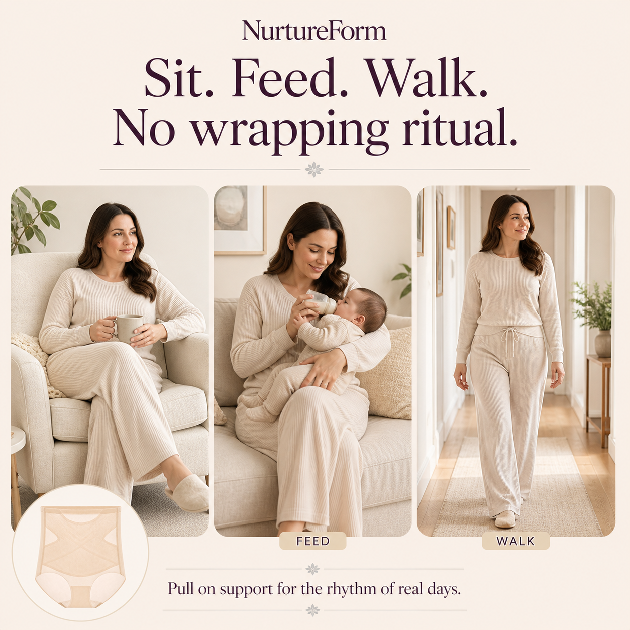 A mother sitting, feeding and walking while wearing everyday clothes
