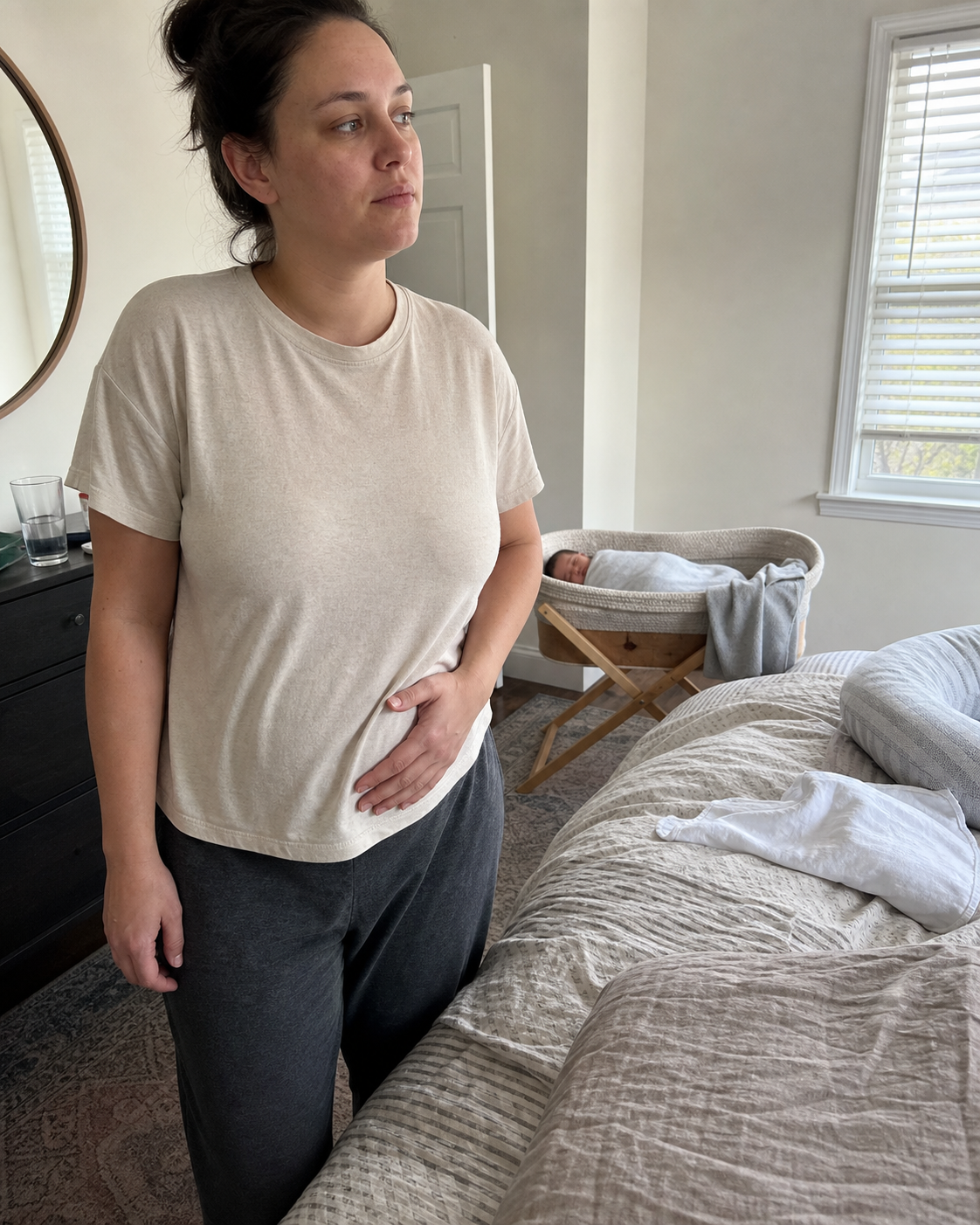A new mother standing beside her bed after feeding her baby