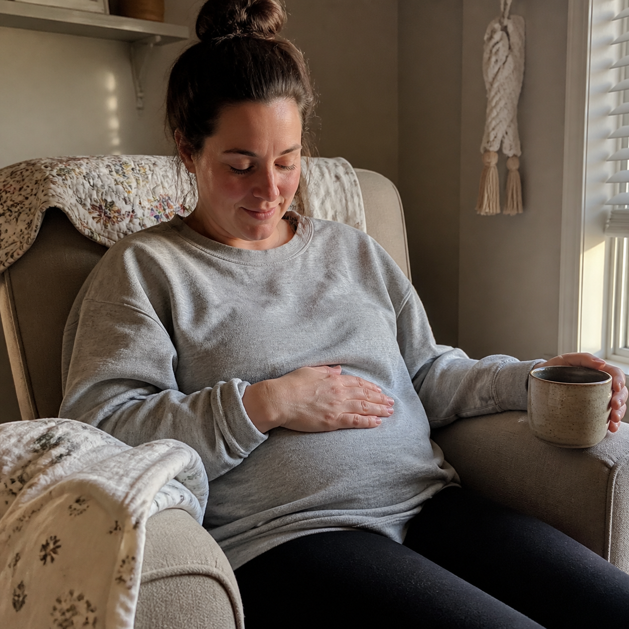 Postpartum mother taking a comfortable seated break in a feeding chair