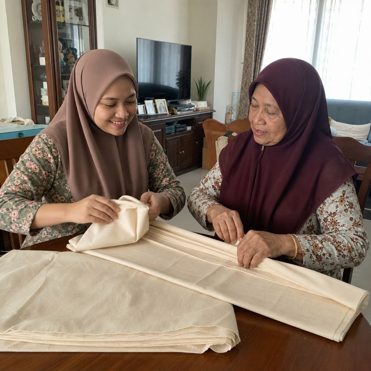 Two generations of Malay women folding a traditional cloth together at home