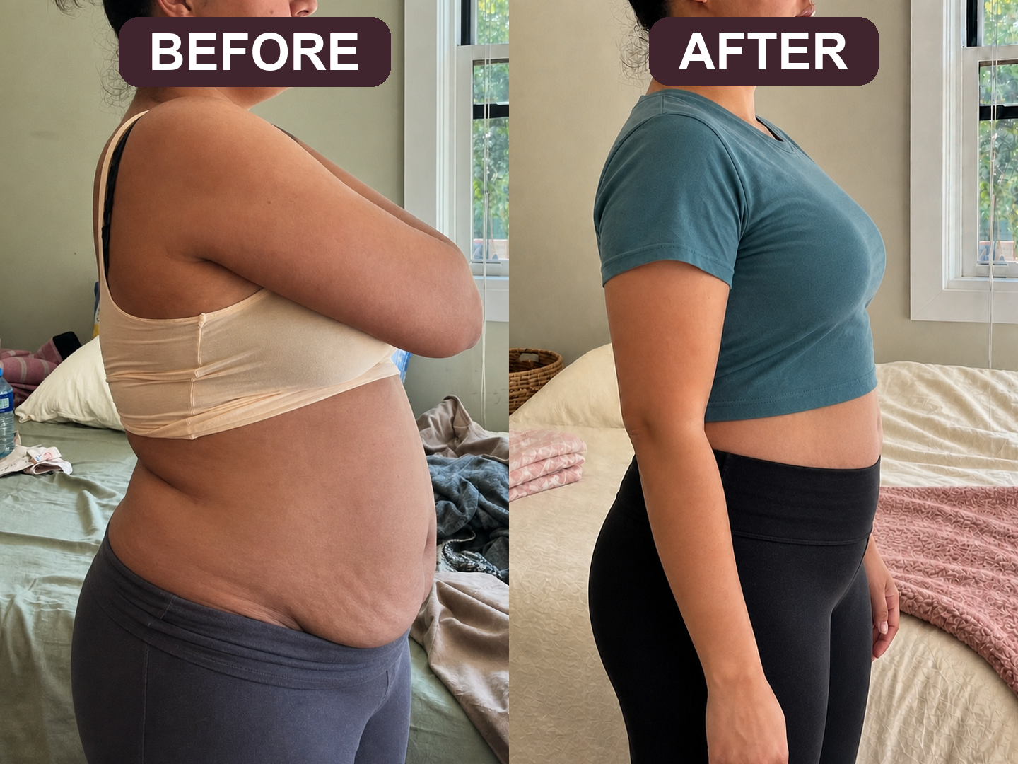 Side-by-side postpartum body comparison before and 10 weeks later